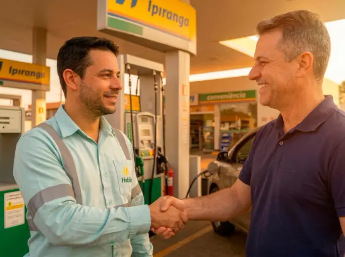 Consultor da Hábilis e proprietário de posto celebrando a regularização ambiental completa