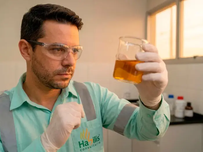 Colaborador da Hábilis Consultoria Ambiental analisando amostra em laboratório