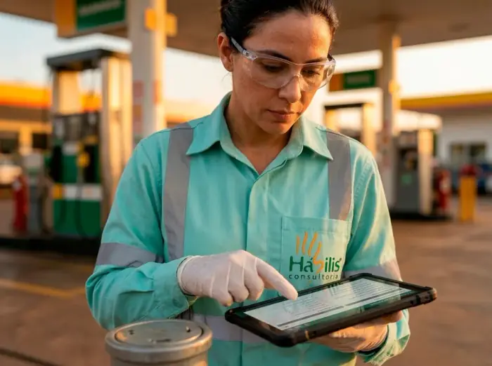 Consultora da Hábilis Consultoria Ambiental realizando vistoria técnica em posto de combustível